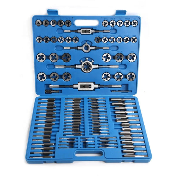 110-Piece Tap and Die Set with Case, organized tools for threading bolts and rods, ideal for workshops.