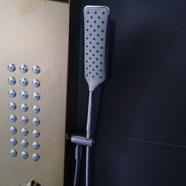 Golden Stainless Steel LED Shower Panel System hand shower with multiple water outlets.