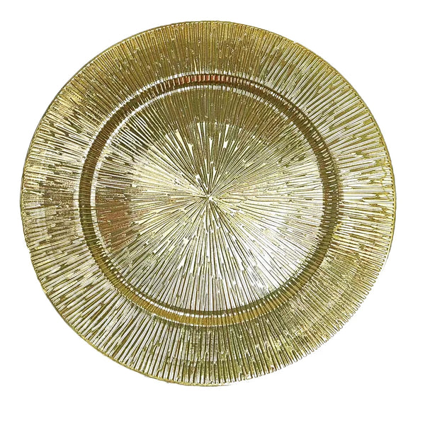 European Style 13-Inch Gold Rim Dinner Plate featuring an elegant textured gold design for refined table settings.