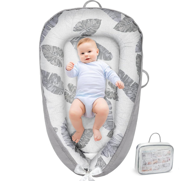 Cotton Adjustable Baby Lounger Nest Cover with a baby, providing comfort and support for safe lounging and napping.