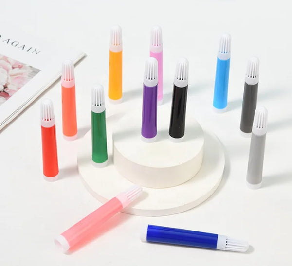 Colorful markers from the 208 Piece Deluxe Kids Art Sketching and Drawing Set arranged on a display stand.