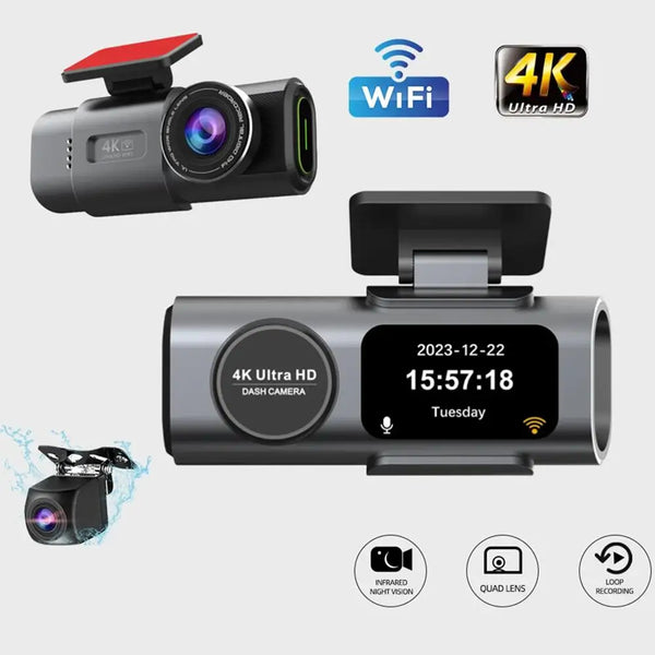 4K Dual UHD Front and Rear Dashcam with WiFi & GPS showcasing its sleek design, features, and display.