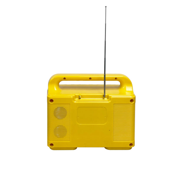 Portable Mini Solar Panel Kit used to power a yellow portable radio with antenna for outdoor use.