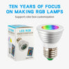 Smart RGB LED Color-Changing Bulb with Remote shown with packaging and colorful lighting options.