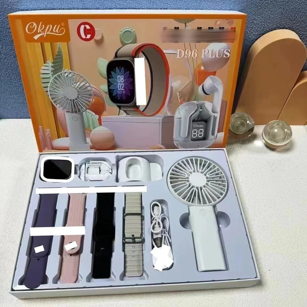 D96plus 2-in-1 Smartwatch and Headphones packaging with smartwatch, earbuds, and accessories.