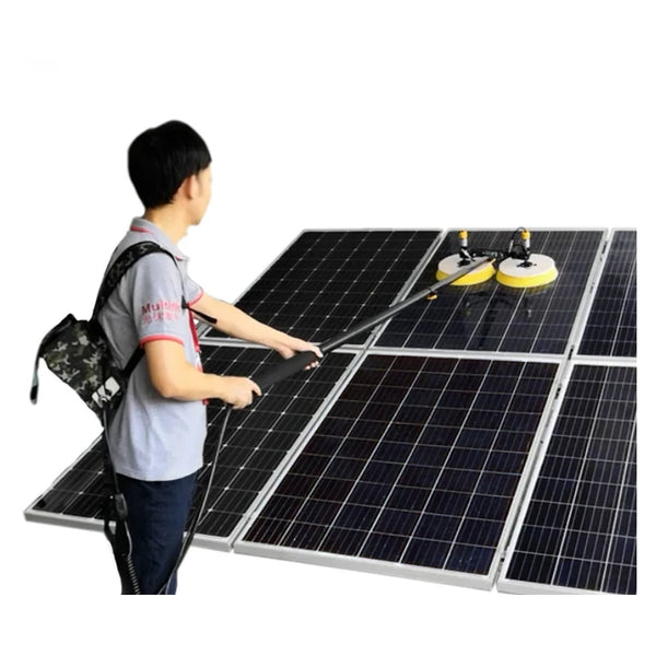 User cleaning solar panels with High Quality Window Solar Panel Cleaning Tool featuring rotating brush system.