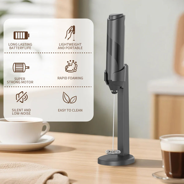 Electric Handheld Milk Frother on a kitchen countertop with icons highlighting its features.