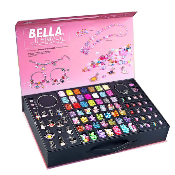 3-in-1 DIY Beaded Jewelry Making Set displayed in a craft box with colorful beads and accessories for creating necklaces and bracelets.