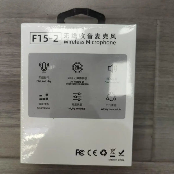 F15-2 Wireless Lavalier Microphone packaging showcasing features and specifications.