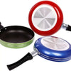 Non Stick Aluminum Mini Round Frying Pan set featuring red, blue, and black color options for versatile cooking.