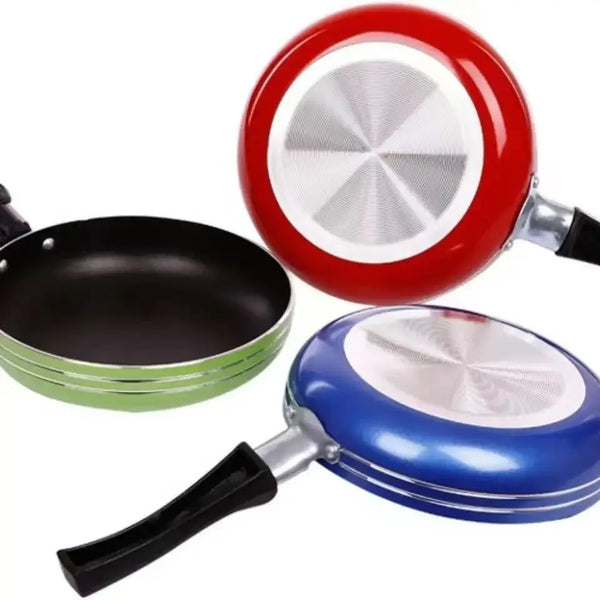 Non Stick Aluminum Mini Round Frying Pan set featuring red, blue, and black color options for versatile cooking.