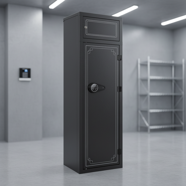 Electronic Combination Lock Safe Box standing in a modern room, designed for secure storage of valuables.