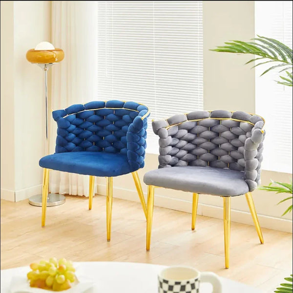 Luxury Rope Accent Dining Chair displayed in blue and gray colors with modern design and elegant yellow legs.