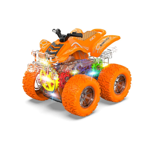 Colorful Plastic Four Wheel Drive Double-Sided Stunt Car with vibrant lights and oversized orange tires.