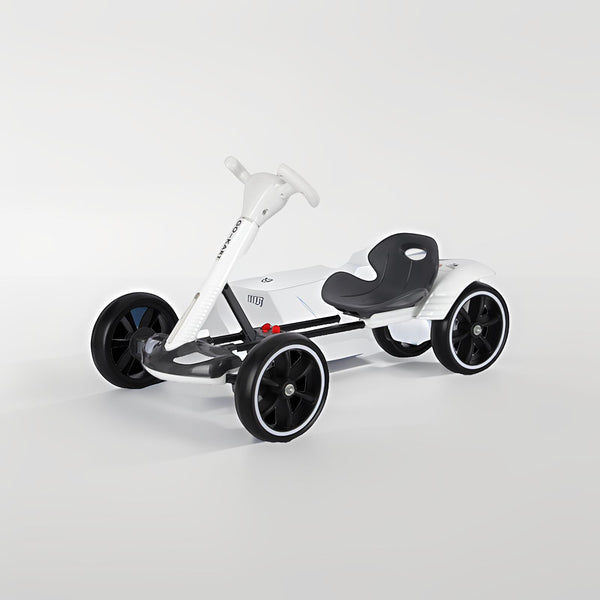 Foldable Children's Electric Four-Wheeler Kart in white design with black wheels and seat for kids.