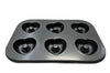 Non-Stick Heart Shaped 6-Cup Muffin Tray with six heart-shaped cavities for baking themed desserts.