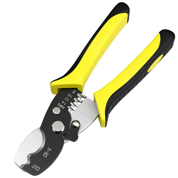 Universal Multi Function Cable Stripping Pliers with cutting and crimping features and ergonomic yellow and black handles.