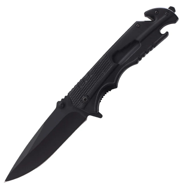 4-Function Portable Stainless Steel Survival Knife featuring a sleek black handle and a sharp blade for outdoor tasks.