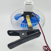 12V DC Portable Car Clip Fan with a clip and blue blades for ventilation in cars.
