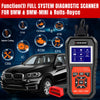 KW480 Full System OBD2 Diagnostic Scanner with icons for diagnostics and a BMW vehicle in the background.