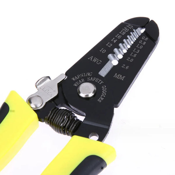 10-22 AWG Professional Wire Stripper Cutter with yellow handles, showcasing measurement markings on the blade.