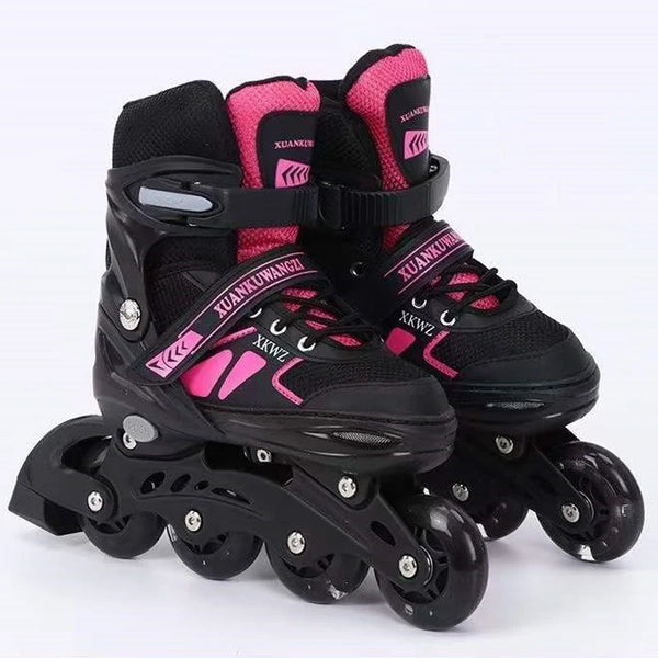 Adjustable 4 Wheel Inline Roller Skates in black and pink design for children, perfect for stability and growth.
