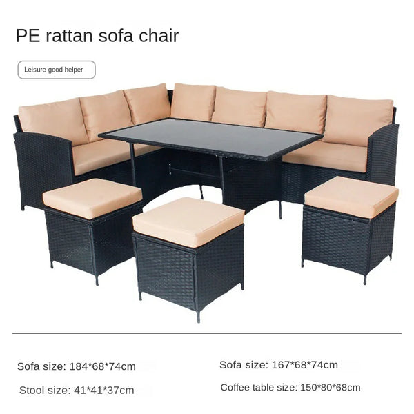 Modern Iron PE Rattan Outdoor Furniture Set featuring cozy seating and a stylish coffee table.
