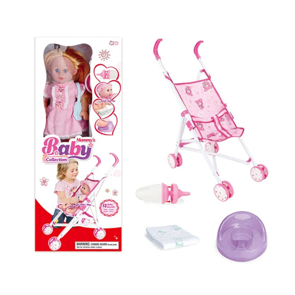 12-Inch Baby Doll and Foldable Stroller set with doll, stroller, bottle, wipes, and potty accessories.
