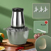 Electric 3L Stainless Steel Home Kitchen Food Processor on a wooden countertop with vegetable ingredients.