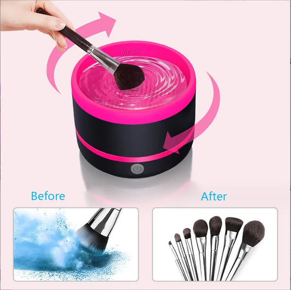 Electric Makeup Brush Cleaner Machine demonstrates brush cleaning process with water before and after images showcasing clean brushes.