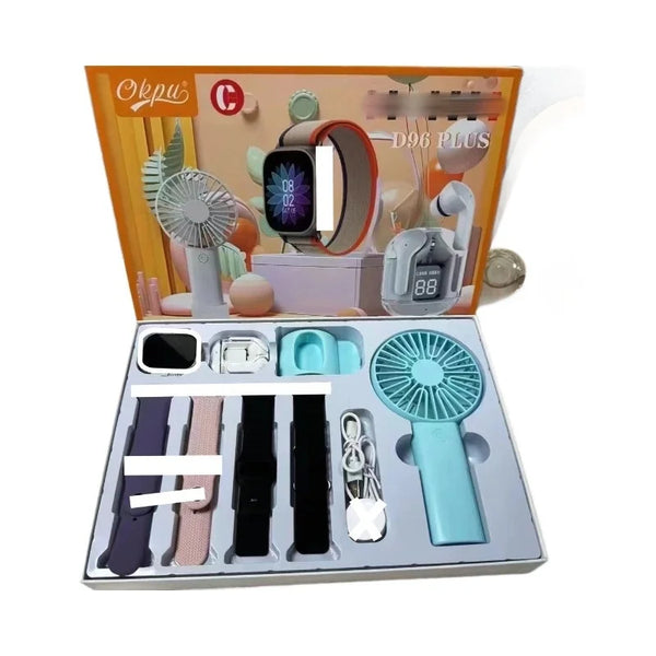 D96plus 2-in-1 Smartwatch and Headphones packaged with accessories and fans.
