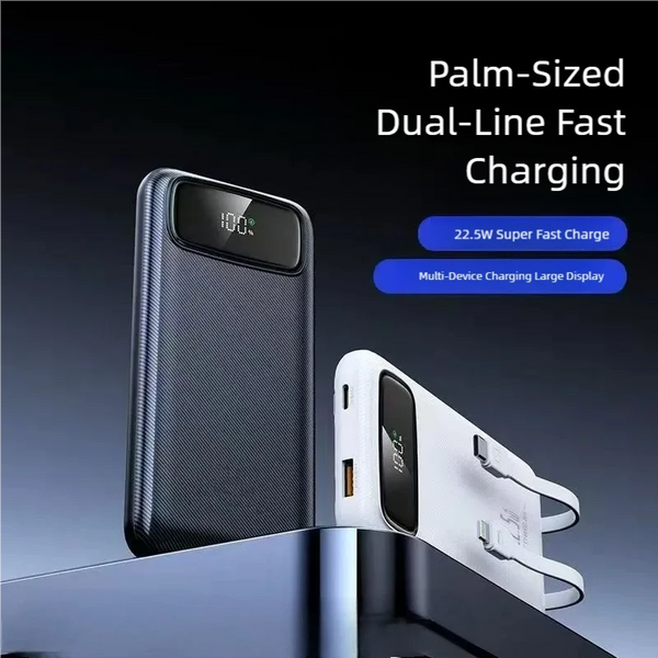 Palm-sized 10000mAh 22.5W Fast Charge Power Bank showing charging display and dual-line fast charging feature.