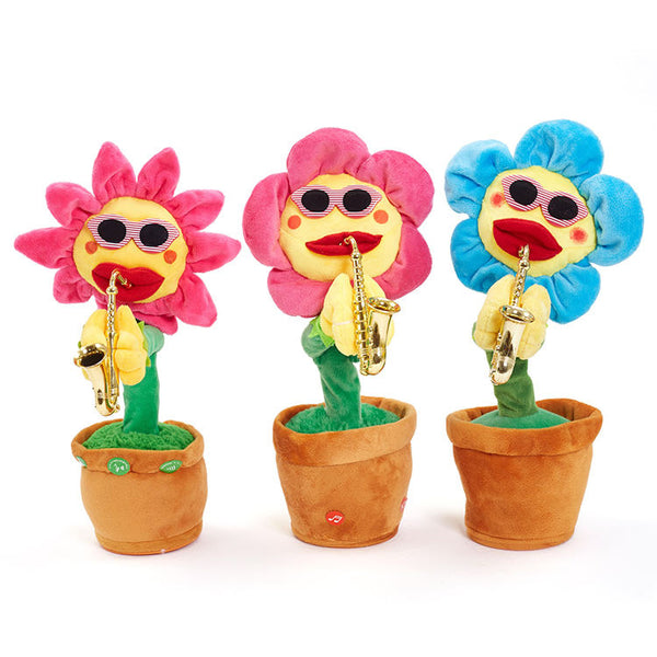 English Singing Dancing Cactus Plush Toy trio with saxophones in vibrant flower pots.