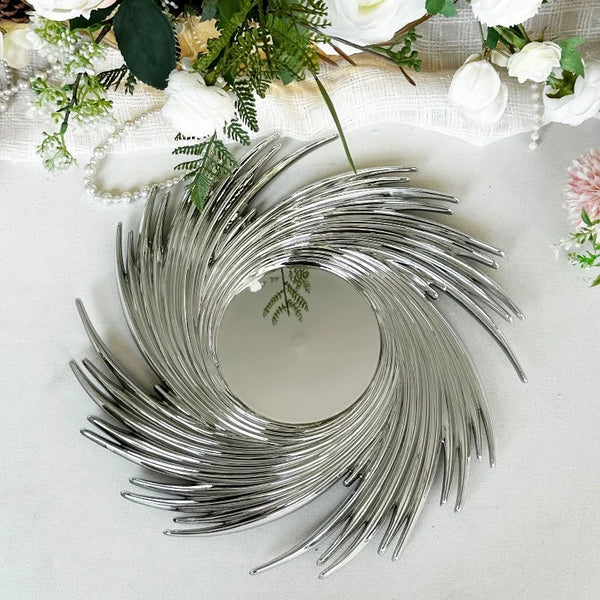 Silver Sparkle Sun Design Charger Plate with elegant sunburst design and reflective center for stylish table settings.