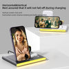 4-in-1 Foldable Wireless Charging Stand with LED Night Light in use, charging devices in horizontal and vertical positions.