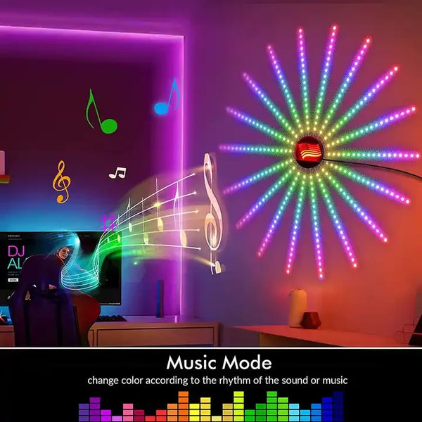 USB Firework LED Night Light with App and Music Sync in Music Mode with vibrant colors and sound-activated features.