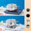 Household 304 Stainless Steel Frying Pan with Thermometer on two different cooktops.