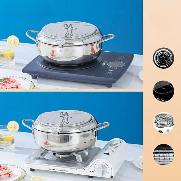 Household 304 Stainless Steel Frying Pan with Thermometer on two different cooktops.