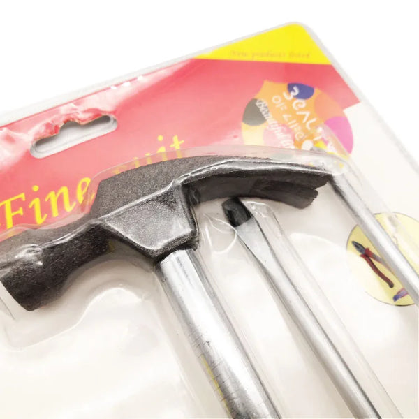 Close-up of a hammer from the 6 Piece Multi Purpose Household Woodworking Tool Kit packaging.
