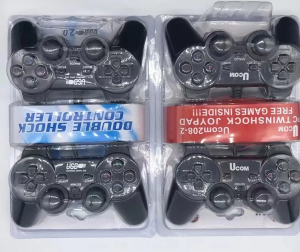 Image of USB Wired Dual-Vibration PC Game Controller set, showcasing four controllers in packaging.