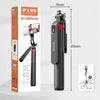 Extendable Stainless Steel Selfie Stick displayed with dimensions and features for capturing photos and videos.