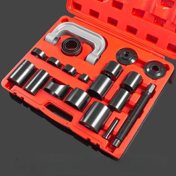 21 Piece Heavy Duty Ball Joint Removal Tool Kit displayed in red carrying case with various metal components.