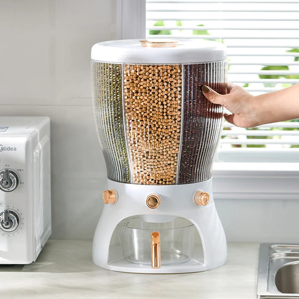 Multi-Compartment Plastic Grain Dispenser with various grains visible and accessible in a kitchen setting.