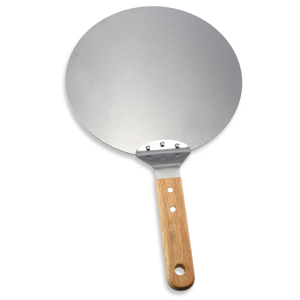 Stainless Steel Round Pizza Peel with Wooden Handle, perfect for transferring pizzas from oven to table.