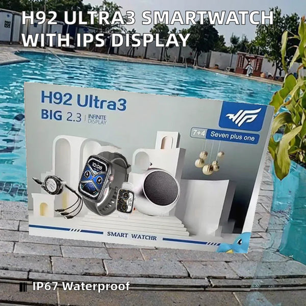 H92 Utra3 Smartwatch Fitness Tracker with IPS display and waterproof features by the poolside.