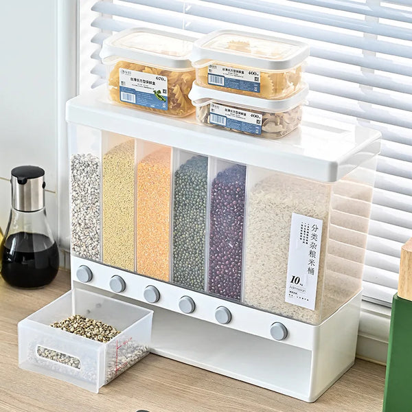 6 Compartment Dry Food Dispenser with colorful grains and snacks organized for easy access in the kitchen.