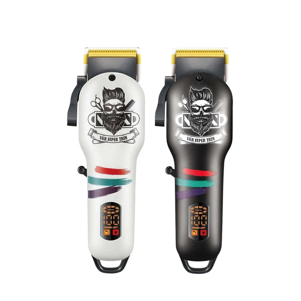 V-699 Professional Electric Hair Clipper duo in white and black with barber design and digital display.