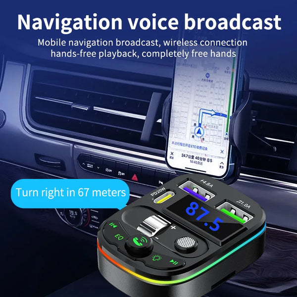 C15 BT Portable Car MP3 Player with navigation voice broadcast feature and wireless connectivity in a car.
