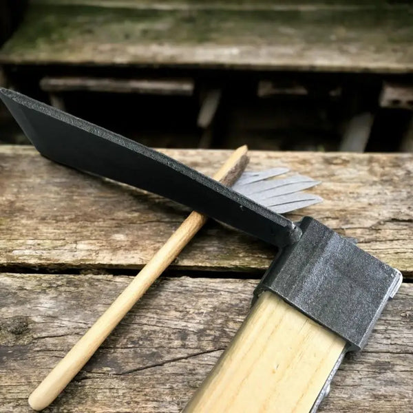 Carbon Steel Wooden Handle Garden Hoe showing the blade and wooden handle on a rustic wooden surface.