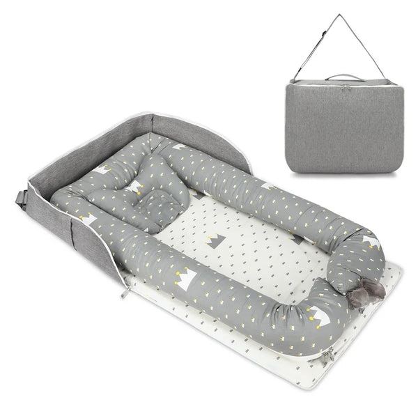 Fashionable 2 in1 Baby Travel Bed shown as a cozy sleep space and a portable bag.